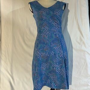 Patagonia cotton dress in Medium. Lt blue w fun design in pink, orange, & green.